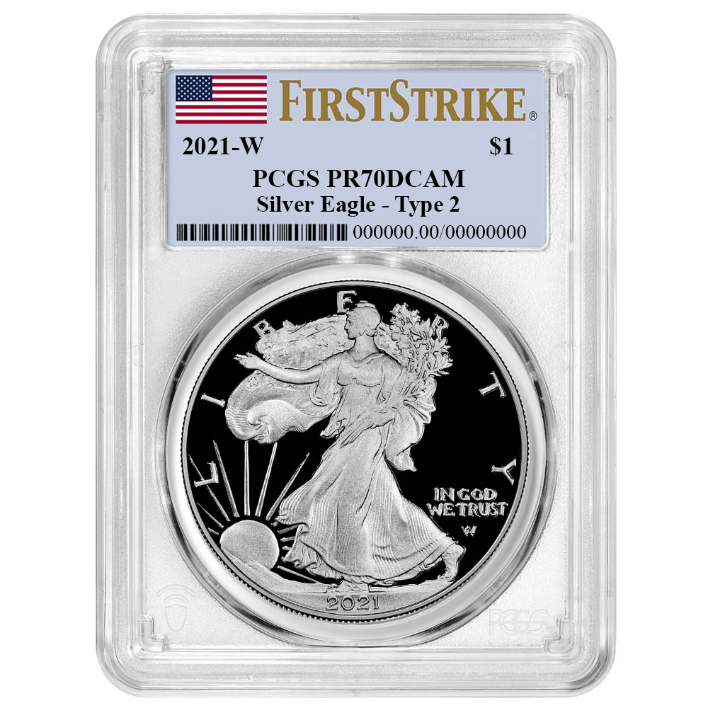 2021-W $1 1-oz T2 Proof American Silver Eagle PCGS PR70DCAM FS Flag Label