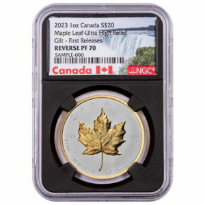 Canada 2023 Ultra High Relief Maple Leaf 1oz Silver Gilt Reverse Proof $20 Coin NGC PF70 FR Black Core Exclusive Canada Label