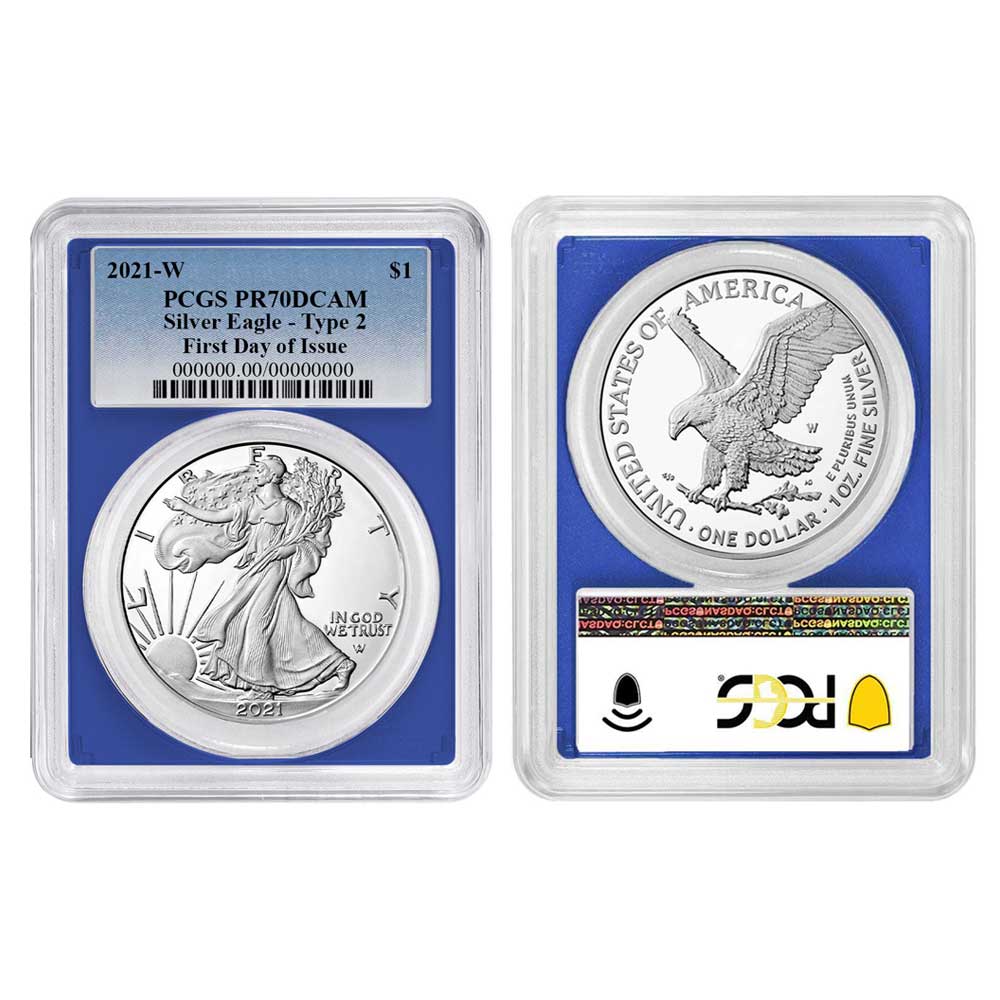 2021-W $1 1-oz T2 Proof American Silver Eagle PCGS PR70DCAM FDOI Blue Label Blue Frame