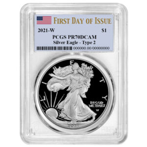 2021-W $1 1-oz T2 Proof American Silver Eagle PCGS PR70DCAM FDOI Flag Label