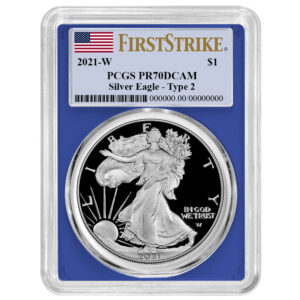2021-W $1 1-oz T2 Proof American Silver Eagle PCGS PR70DCAM FS Flag Label Blue Frame