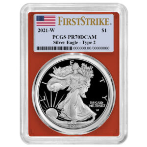 2021-W $1 1-oz T2 Proof American Silver Eagle PCGS PR70DCAM FS Flag Label Red Frame