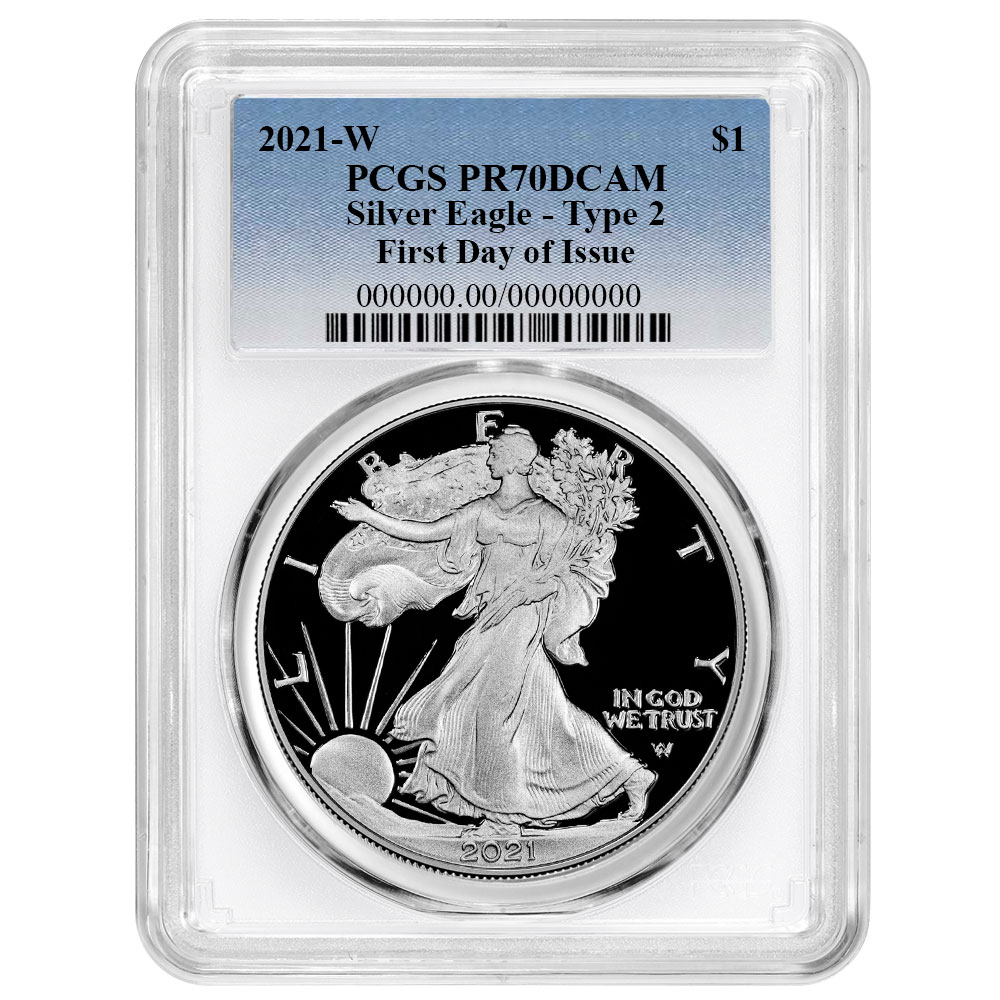 2021-W $1 T2 Proof American Silver Eagle PCGS PR70DCAM FDOI Blue Label White Frame