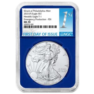 2021 (P) $1 1-oz American Silver Eagle NGC MS70 Emergency Production FDI First Label w/ Blue Core
