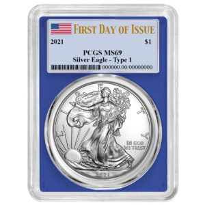 2021 $1 1-oz T-1 American Silver Eagle PCGS MS69 FS Flag Label Blue Frame