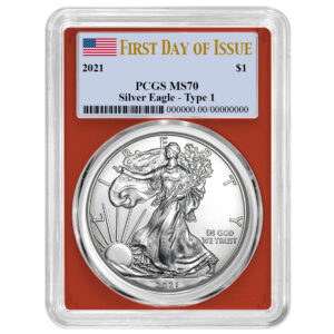 2021 $1 1-oz T-1 American Silver Eagle PCGS MS70 FDOI Flag Label Red Frame