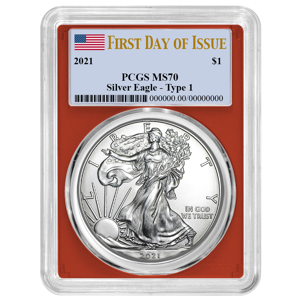 2021 $1 Type 1 American Silver Eagle PCGS MS70 FDOI Flag Label Red Frame