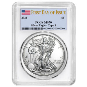 2021 $1 1-oz T-1 American Silver Eagle PCGS MS70 FDOI Flag Label White Frame
