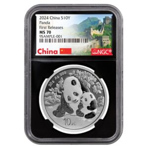 2024 China 30-gm Silver Panda NGC MS70 First Releases w/Black Core & Great Wall Label