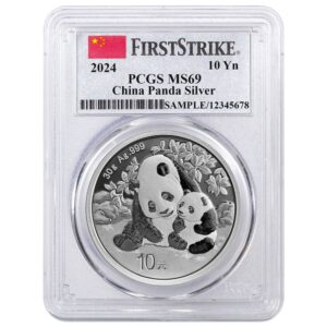 China 2024 30-gm Silver Panda PCGS MS69 First Strikes w/ Clear Core & Flag Label