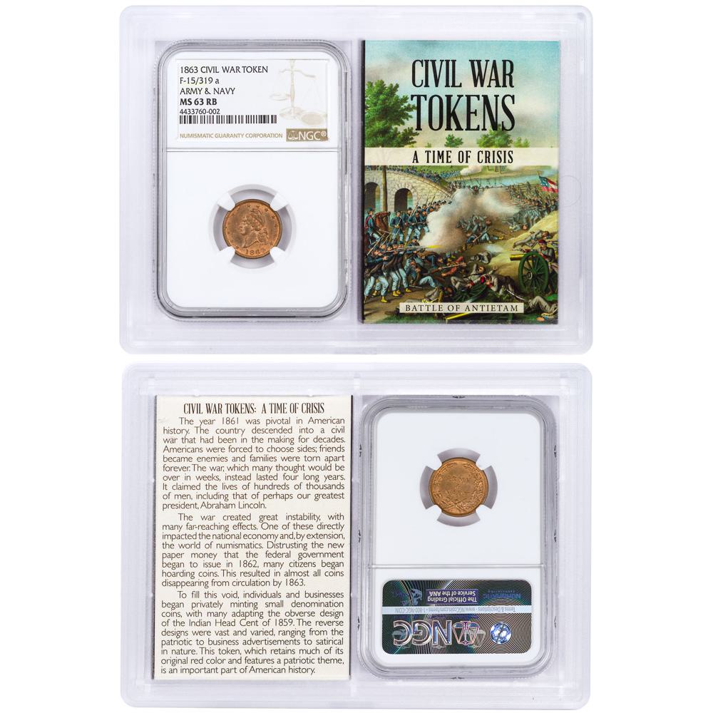 1863 United States Army & Navy Civil War Token NGC MS63 RB In Story Vault Holder