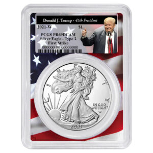 2021-W $1 1-oz T2 Proof American Silver Eagle PCGS PR69DCAM FS Trump 45th President Label Flag Frame