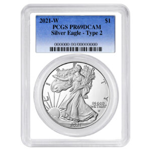 2021-W $1 1-oz T2 Proof American Silver Eagle PCGS PR69DCAM Blue Label White Frame
