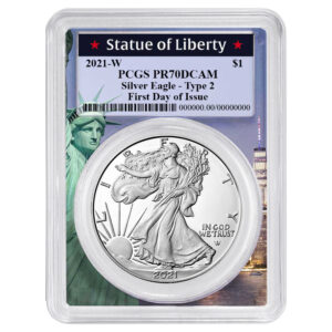 2021-W $1 1-oz T2 Proof American Silver Eagle PCGS PR70DCAM FDOI Statue Of Liberty Frame