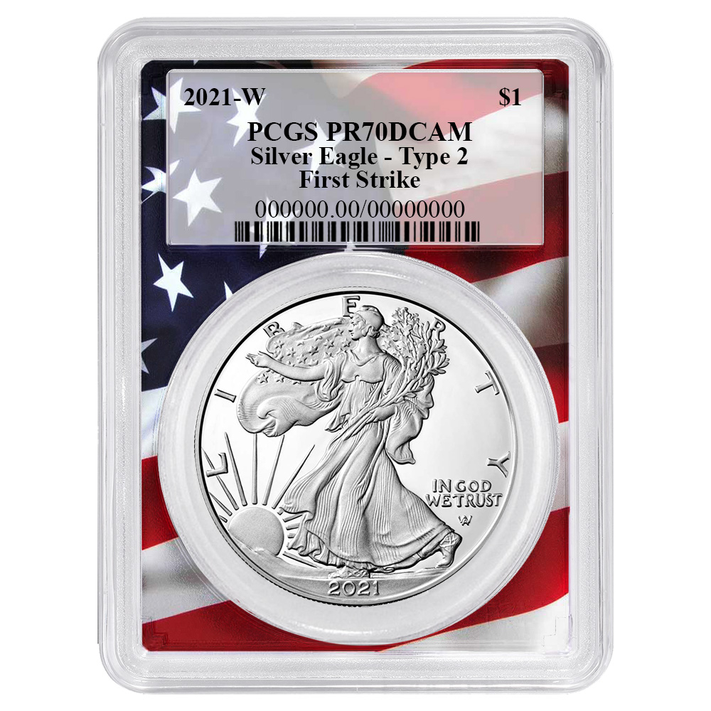2021-W $1 1-oz T2 Proof American Silver Eagle PCGS PR70DCAM FS Flag Frame