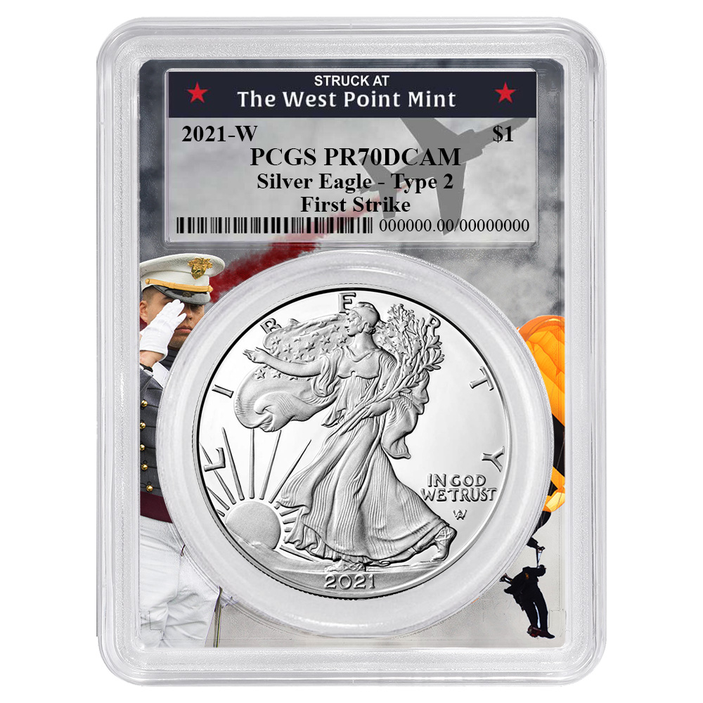 2021-W $1 1-oz T2 Proof American Silver Eagle PCGS PR70DCAM FS West Point Frame