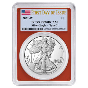 2021-W $1 1-oz T2 Proof American Silver Eagle PCGS PR70DCAM FDOI Flag Label Red Frame