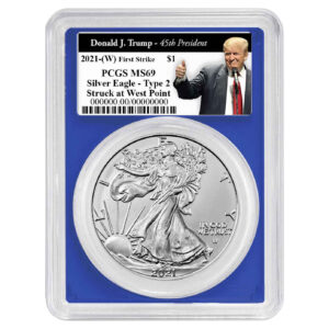 2021 (W) $1 1-oz T2 American Silver Eagle PCGS MS69 FS Trump 45th President Label Blue Frame