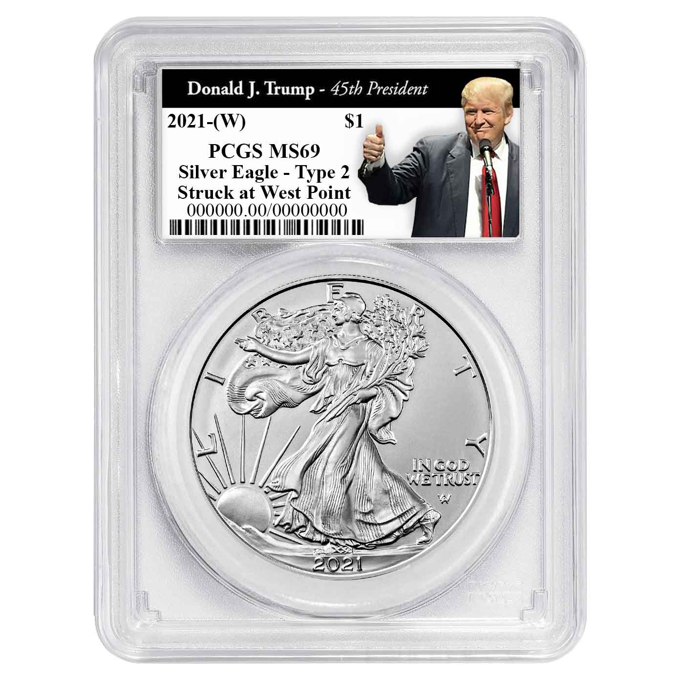 2021 (W) $1 1-oz T2 American Silver Eagle PCGS MS69 Trump 45th President Label