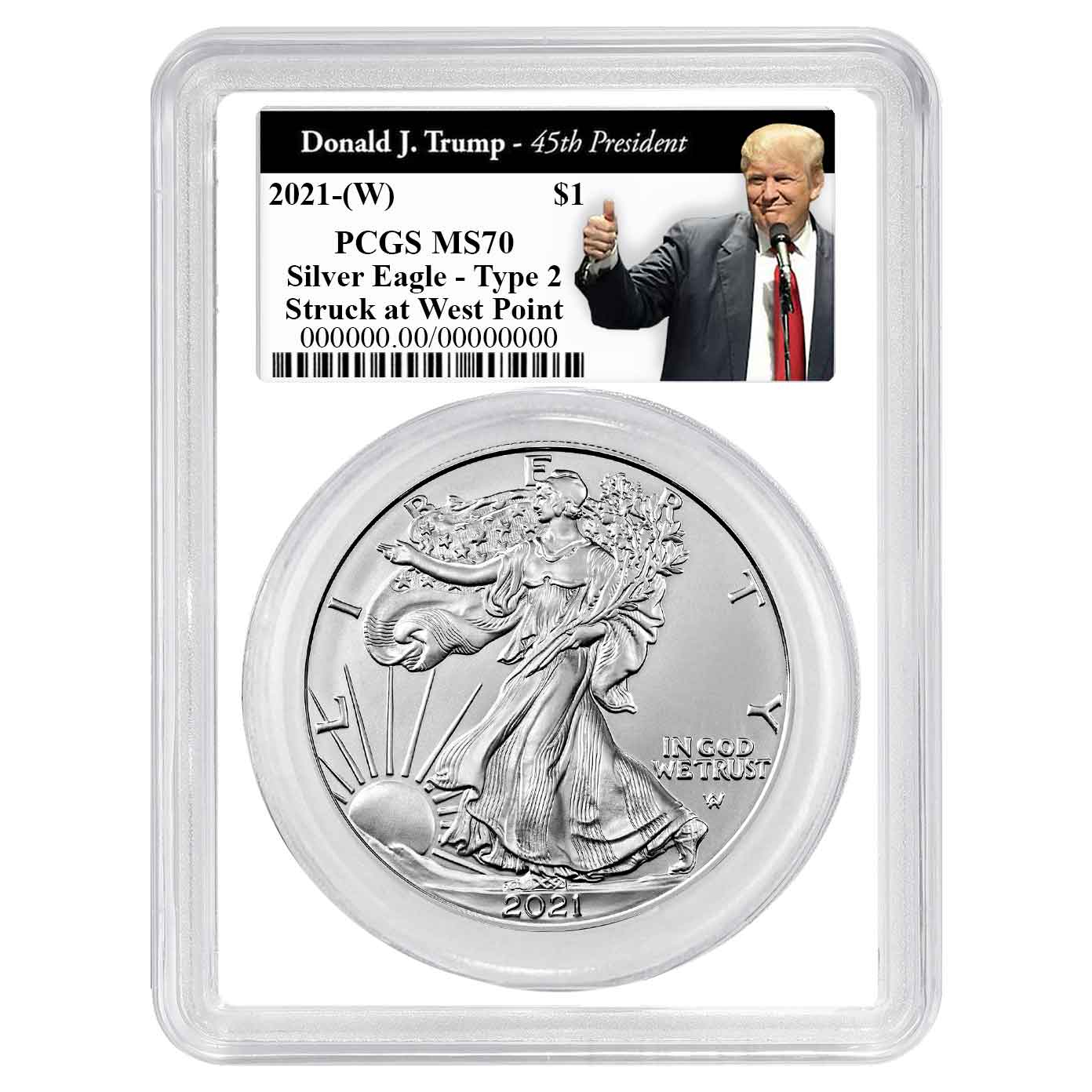 2021 (W) $1 1-oz T2 American Silver Eagle PCGS MS70 Trump 45th President Label White Frame