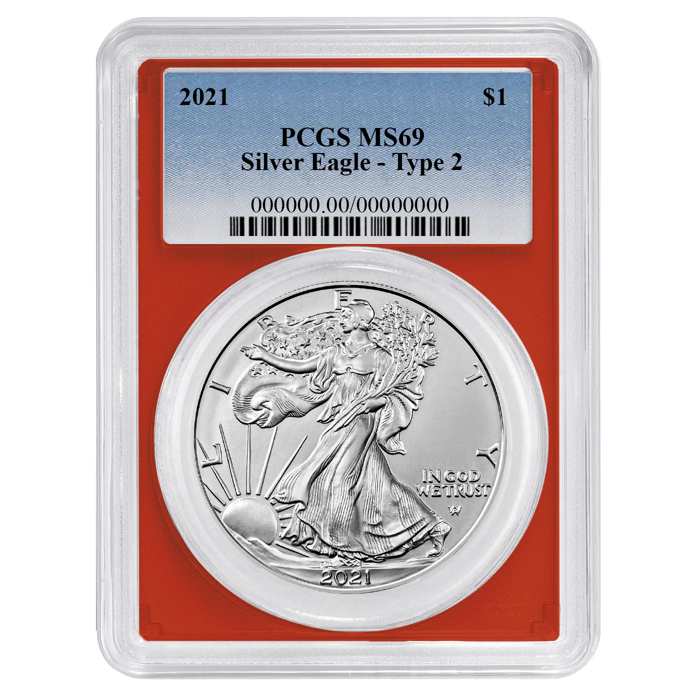 2021 $1 1-oz T2 American Silver Eagle PCGS MS69 Blue Label Red Frame