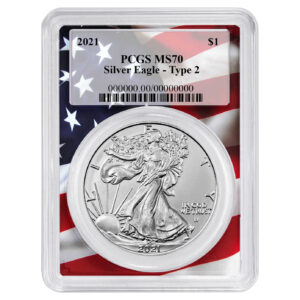 2021 $1 1-oz T2 American Silver Eagle PCGS MS70 Flag Frame