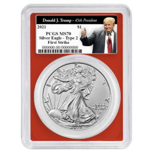 2021 $1 1-oz T2 American Silver Eagle PCGS MS70 FS Trump 45th President Label Red Frame
