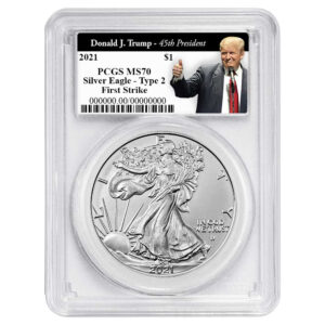 2021 $1 1-oz T2 American Silver Eagle PCGS MS70 FS Trump 45th President Label