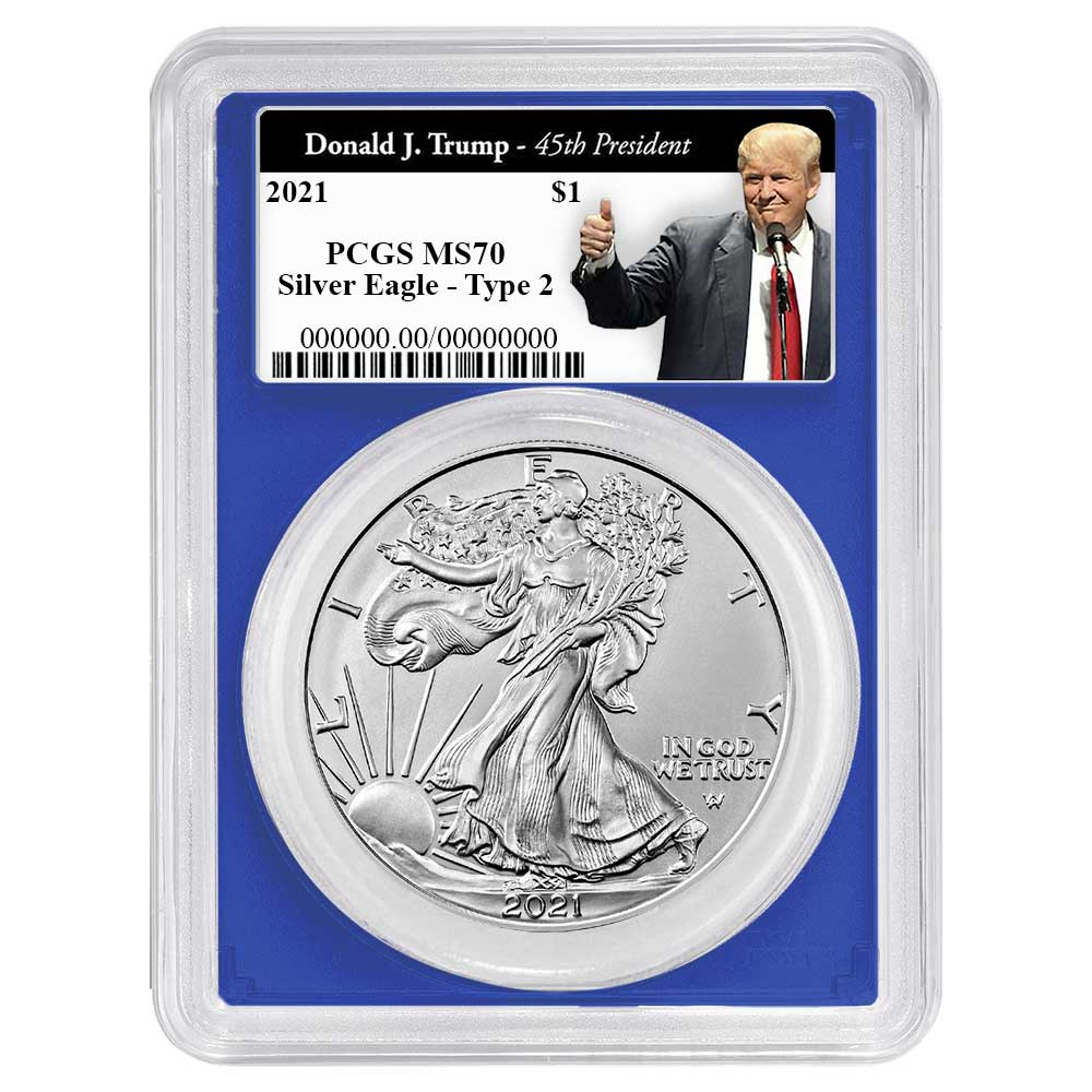 2021 $1 1-oz T2 American Silver Eagle PCGS MS70 Trump 45th President Label Blue Frame