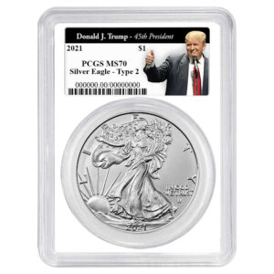 2021 $1 1-oz T2 American Silver Eagle PCGS MS70 Trump 45th President Label White Frame