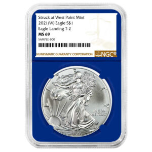 2021 (W) $1 Type 2 American Silver Eagle NGC MS69 Brown Label Blue Core