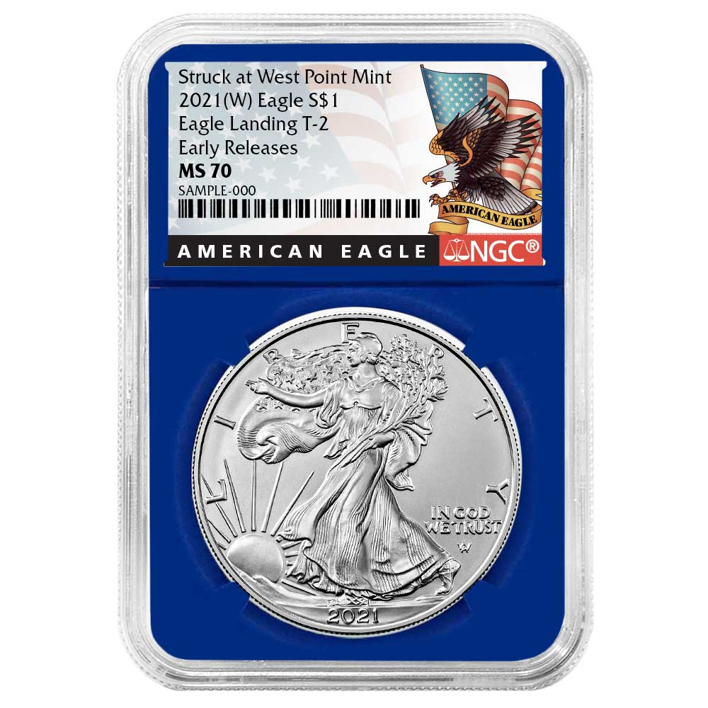 2021 (W) $1 Type 2 American Silver Eagle NGC MS70 ER Black Label Blue Core