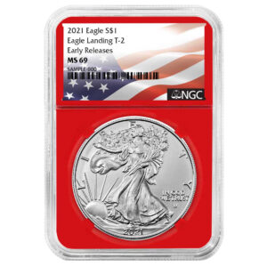 2021 $1 Type 2 American Silver Eagle NGC MS69 ER Flag Label Red Core