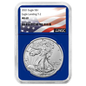 2021 $1 Type 2 American Silver Eagle NGC MS69 Flag Label Blue Core