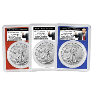 3pc Set - 2021 (W) $1 1-oz T2 American Silver Eagle PCGS MS69 FS Trump 45th President Label Red White Blue