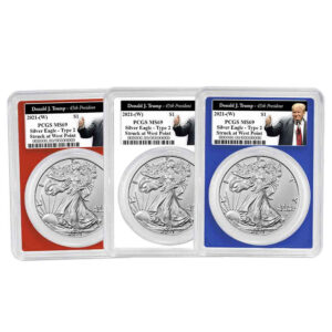 3pc Set - 2021 (W) $1 1-oz T2 American Silver Eagle PCGS MS69 Trump 45th President Label Red White Blue