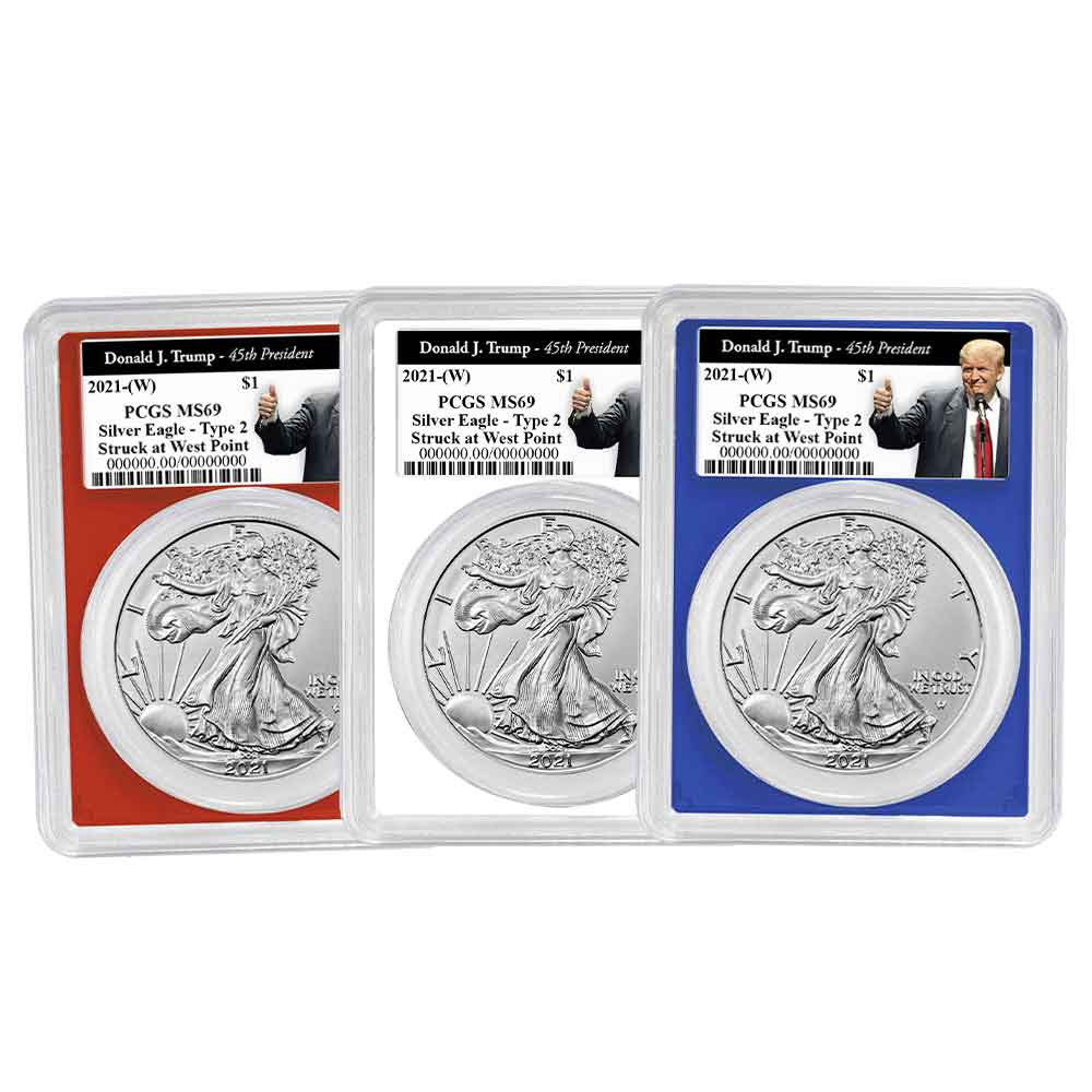 3pc Set - 2021 (W) $1 1-oz T2 American Silver Eagle PCGS MS69 Trump 45th President Label Red White Blue