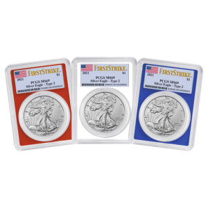 3pc Set - 2021 $1 1-oz T2 American Silver Eagle PCGS MS69 FS Flag Label Red White Blue