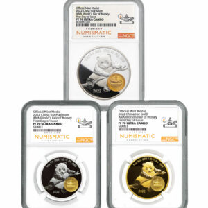 2022 China Chicago World’s Fair of Money Show Panda 3pc Panda Set 1oz Gold + 50g Silver + 1oz Platinum Proof Medal Scarce and Unique Coin Division NGC PF70 UC FDI