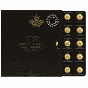 Sheet of 25 - 2022 Canada 1 g Maplegram 25 - Gold Maple Leaf $0.50 Coins BU In Assay