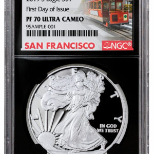2019-S 1 oz Proof American Silver Eagle NGC PF70 UC FDI Black Core Holder Trolley Label