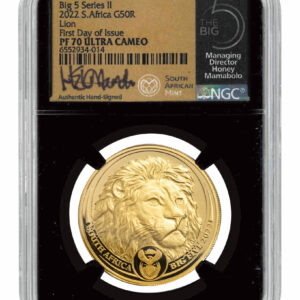 2022 South Africa Gold Krugerrand - Big 5 Lion Privy 1 oz Gold Proof Coin Scarce and Unique Coin Division NGC PF70 UC FDI Black Core Holder Big 5 Honey Signature Label