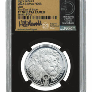 2022 South Africa The Big 5 - Series II Lion 1 oz Platinum Proof R20 Coin Scarce and Unique Coin Division NGC PF70 UC FDI Black Core Holder Big 5 Honey Signature Label