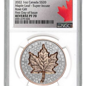 2022 Canada 1 oz Silver Maple Leaf - Super Incuse Rose Gilt Reverse Proof $20 Coin Scarce and Unique Coin Division NGC PF70 FDI Exclusive Silver Incuse Maple Label