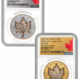 2022 Canada 2-Coin Super Incuse 2 oz. Gold & 1 oz. Silver Maple Leaf Set Gilt Reverse Proof Coin Scarce and Unique Coin Division NGC PF70 FDI Exclusive Incuse Maple Label