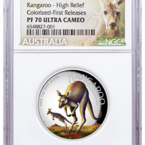 2022-P Australia Silver Kangaroo High Relief 1 oz Silver Colorized Proof $1 Coin NGC PF70UC FR Kangaroo Label