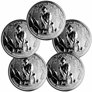 Lot of 5 - 2021 Congo 1 oz Silver Silverback Gorilla Fr.500 Coins GEM BU