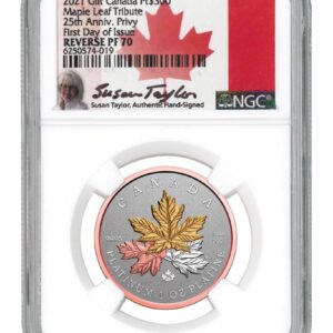 2021 Canada 1 oz Platinum Maple Leaf Gilt Reverse Proof $300 Coin Scarce and Unique Coin Division NGC PF70 FDI Exclusive Susan Taylor Signed Flag Label