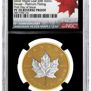 2018 Canada 1 oz Gold Maple Leaf - Incuse Reverse Proof 200 Coin Scarce and Unique Coin Division NGC PF70 FDI Black Core Holder Exclusive 30th Anniversary Silver Maple Leaf Label
