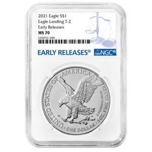 2021 $1 1-oz T-2 American Silver Eagle NGC MS70 ER Blue Label Reverse